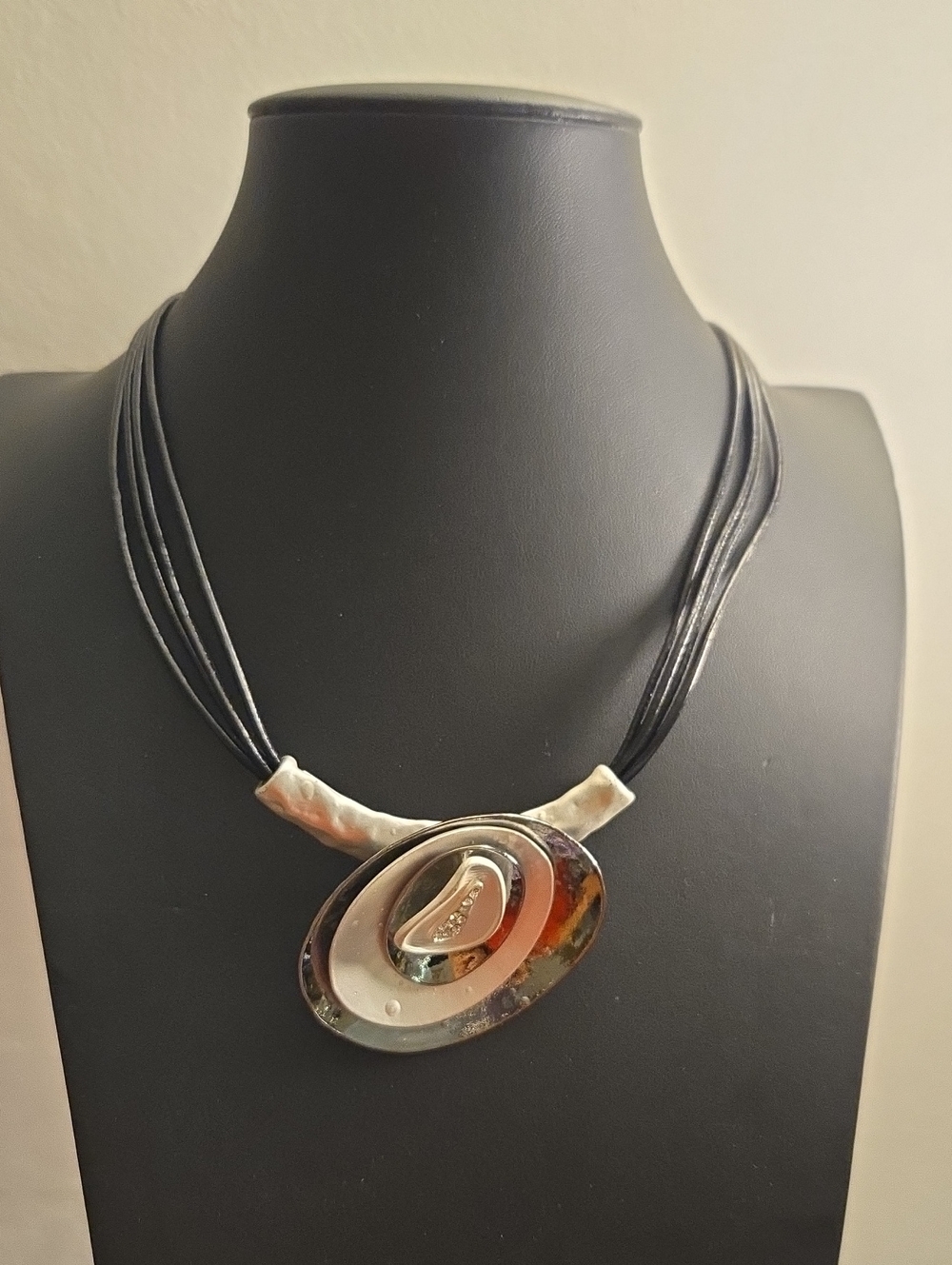 Statement Black Multi-Strand Necklace with Silver and Iridescent Oval Pendant